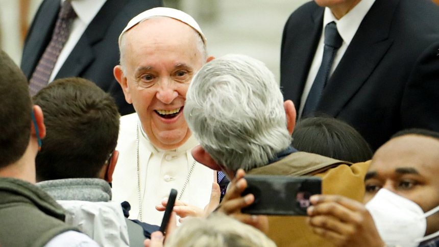 Pope Francis greets people during his weekly general audience in the Paul VI hall at the Vatican Nov. 17, 2021. (CNS photo/Remo Casilli, Reuters)