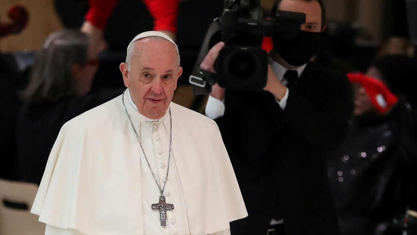 Pope Francis arrives for his general audience in Paul VI hall at the Vatican Dec. 1, 2021. (CNS photo/Yara Nardi, Reuters)