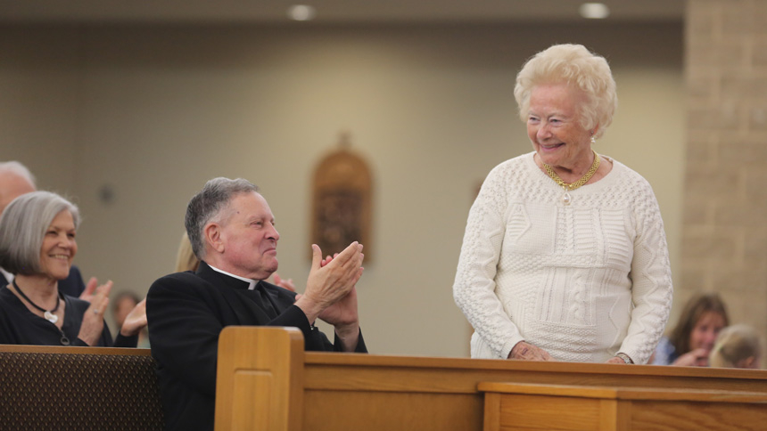 Anne Stahel, founder of the Lewis Award, attends the April 27 Mass.