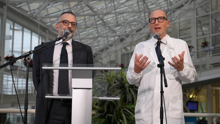 Dr. Luigi Carbone and Dr. Sergio Alfieri brief reporters about Pope Francis' health during a news conference in the atrium of Rome's Gemelli hospital Feb. 21, 2025. Pope Francis has been hospitalized since Feb. 14. (CNS photo/Vatican Media)