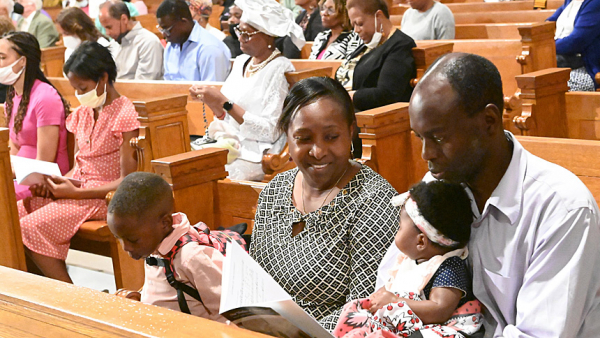 Pilgrims attend Mass at the Basilica of the National Shrine of the Immaculate Conception in Washington Sept. 17, 2022, marking the 25th anniversary of the Our Mother of Africa Chapel. (CNS photo/Patrick Ryan for the National Black Catholic Congress via Catholic Standard)