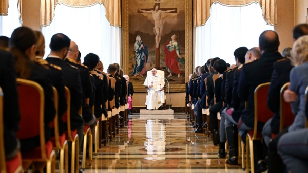 Pope Francis speaks to members of the Italian national police unit that patrols the area around the Vatican during an audience in the Apostolic Palace Jan. 23, 2025. (CNS photo/Vatican Media)